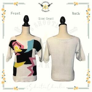 Vintage Ann Stevens White Abstract Print Sweater Size Small Short Sleeve Cozy